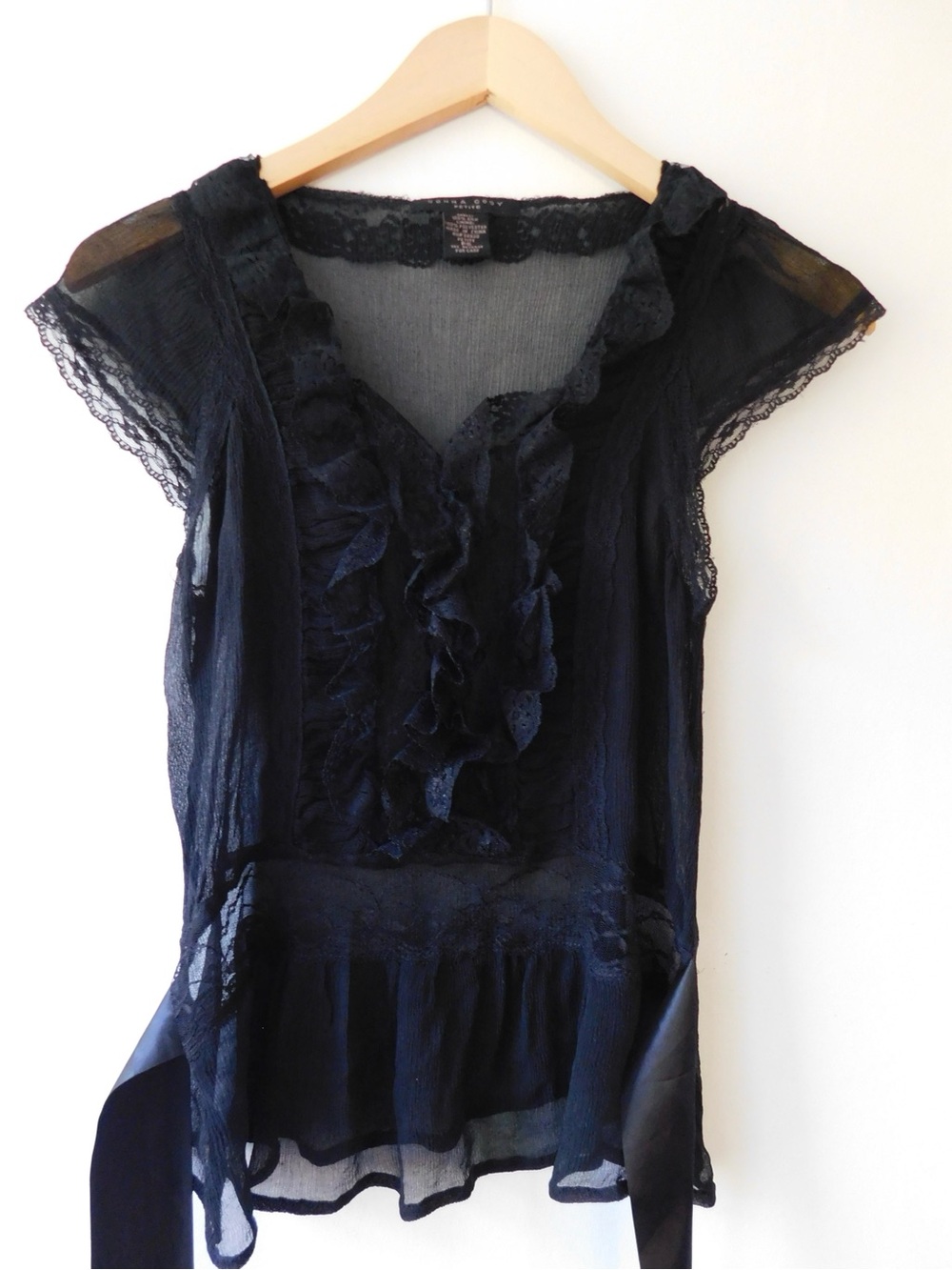 DONNA CODY Petite 100% Silk Black Ruffle Lace Tie Waist Blouse Top PS